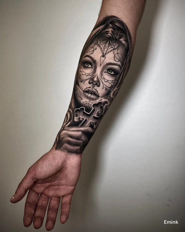 Black & Grey Portrait, Cross tattoo on Forearm