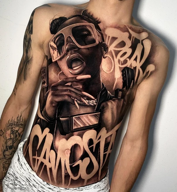 Realism Portrait, Lettering tattoo on Chest