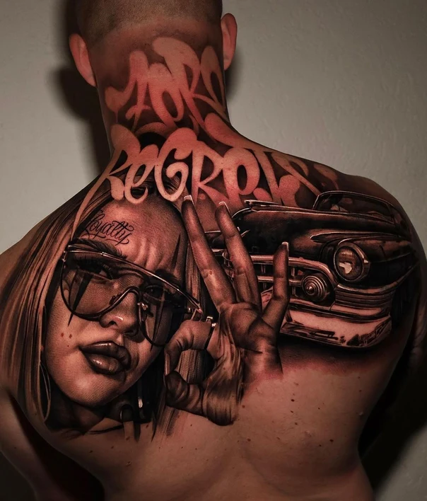 Realism Portrait, Car tattoo on Upper Back