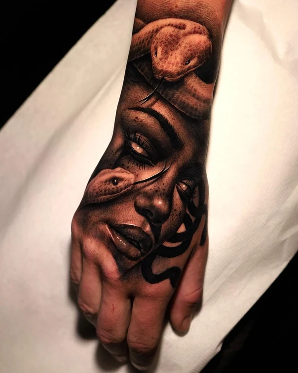 Realism Snake, Face tattoo on Hand