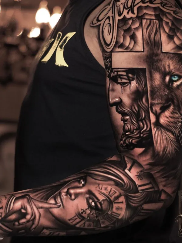 male black and grey realism Tatuaggio su full sleeve #41289 | Tatuatore Jhon Artt