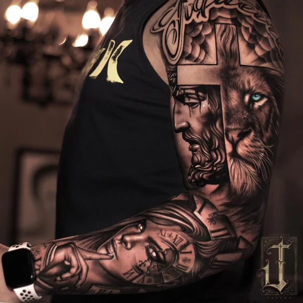 Realism Religious, Lion tattoo on Full Sleeve