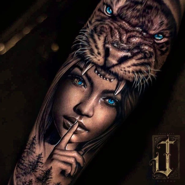Realism Woman, Tiger tattoo on Forearm