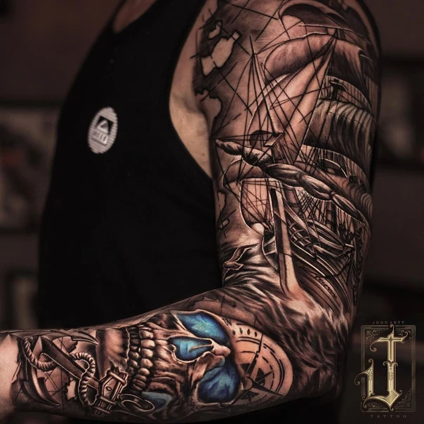 Black & Grey Skull, Ship tattoo on Full Sleeve