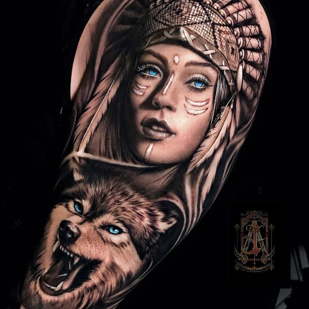 Realism Wolf, Native american tattoo on Full Sleeve