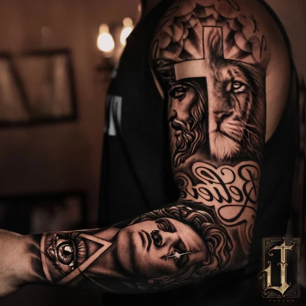Realism Religious, Lion tattoo on Full Sleeve
