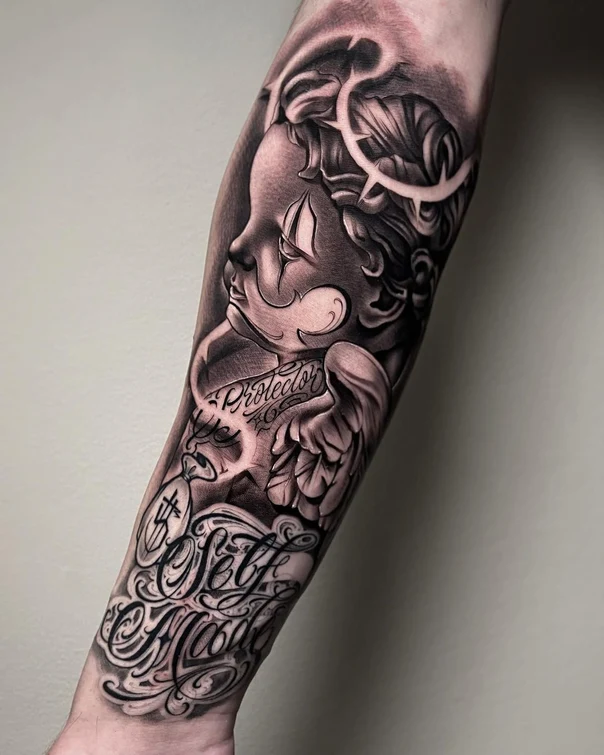 Black & Grey Angel, Lettering tattoo on Forearm