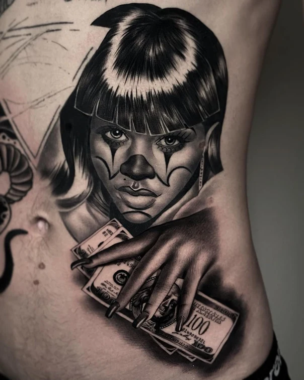 Realism Portrait, Money tattoo on Stomach