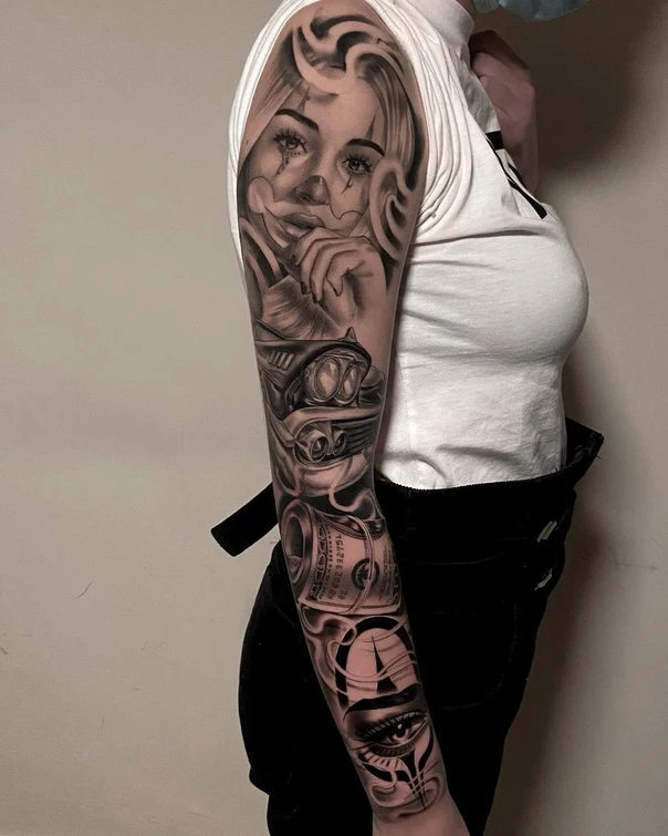 Black & Grey Clown, Car tattoo on Full Sleeve