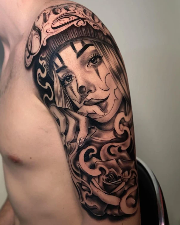 Black & Grey Clown, Rose tattoo on Full Sleeve