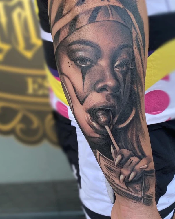 Black & Grey Portrait, Clown tattoo on Forearm