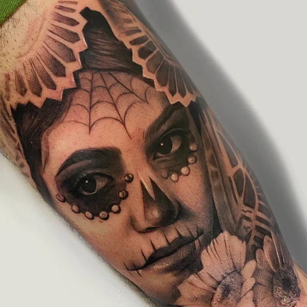 Realism Day of the dead, Face tattoo on Forearm