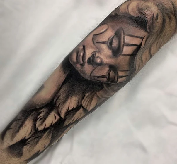 Black & Grey Face, Angel tattoo on Forearm