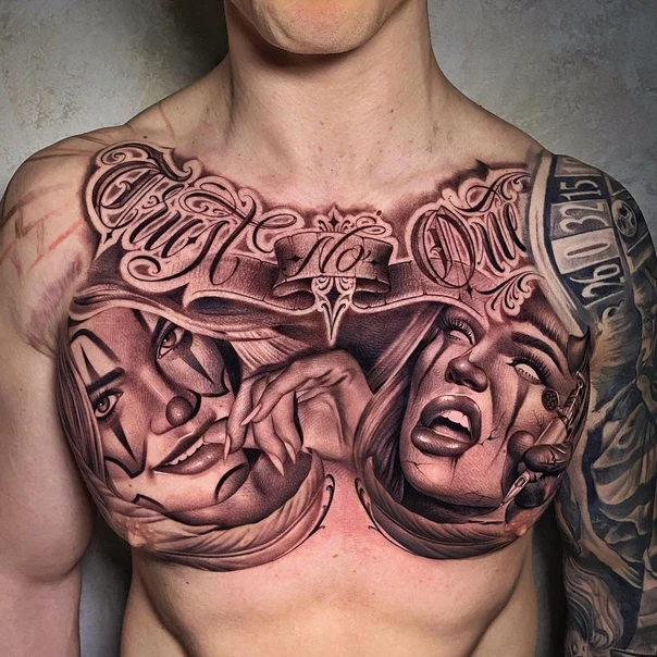 Black & Grey Clown, Face tattoo on Chest