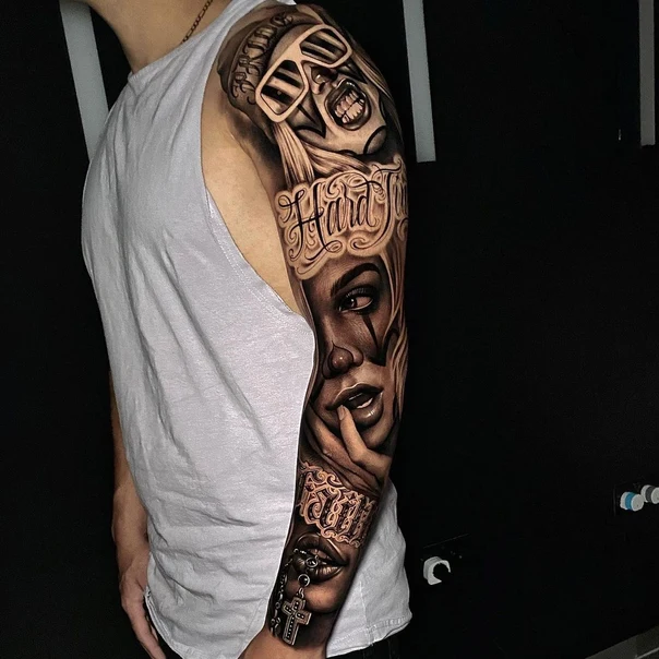 Black & Grey Portrait, Lettering tattoo on Full Sleeve