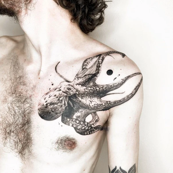 Black & Grey Octopus tattoo on Chest