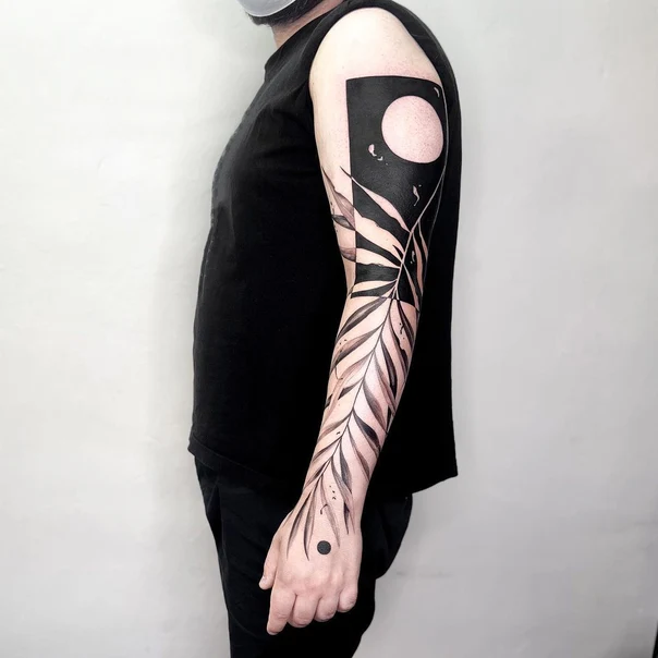 Blackwork Leaf, Moon tattoo on Full Sleeve