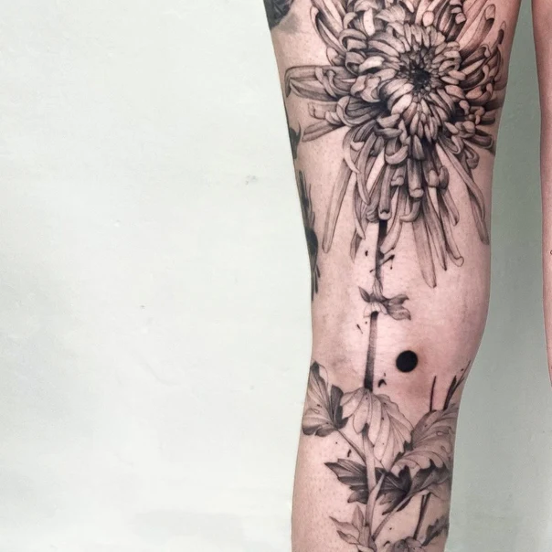 Black & Grey Flower, Plant tattoo on Thigh