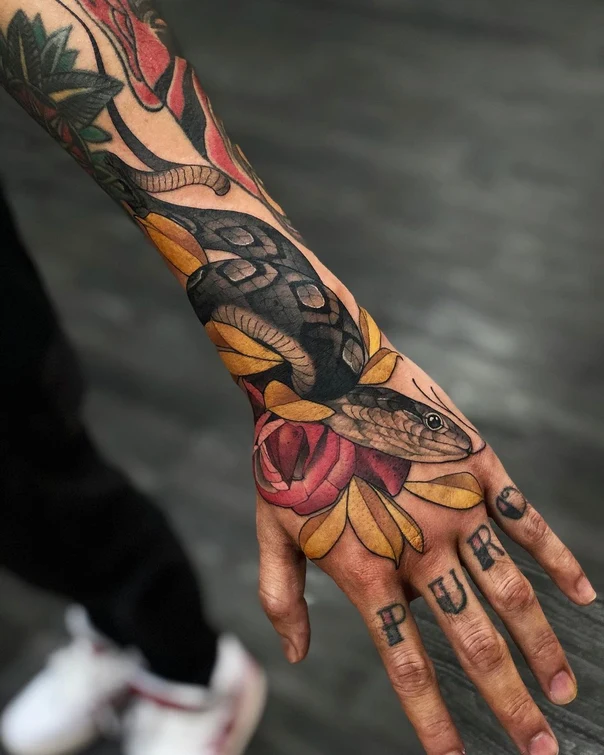 Traditional Snake, Rose tattoo on Hand