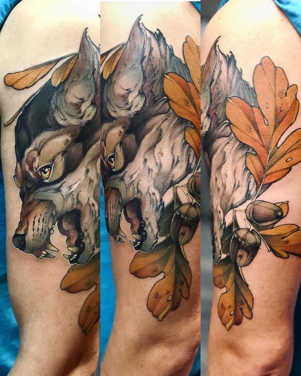 Realism Wolf, Leaves tattoo on Bicep
