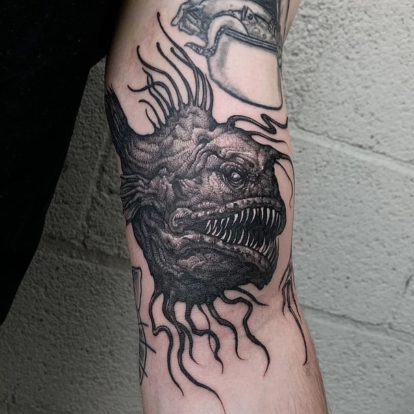 Blackwork Fish, Monster tattoo on Forearm