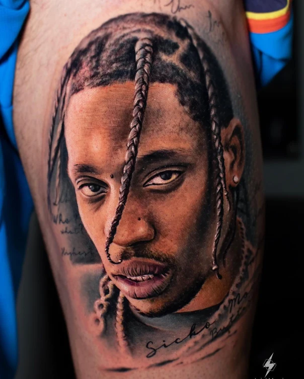 Realism Portrait, Face tattoo on Thigh