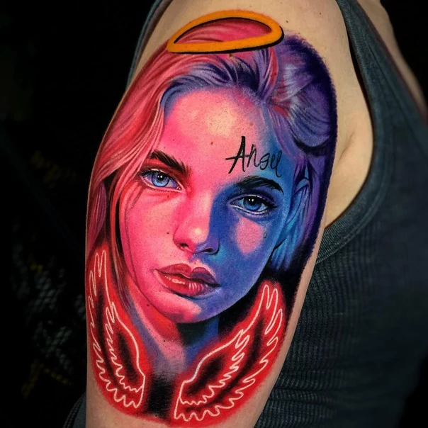 Realism Portrait, Angel tattoo on Upper Arm