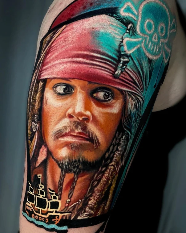 Realism Portrait, Skull tattoo on Upper Arm