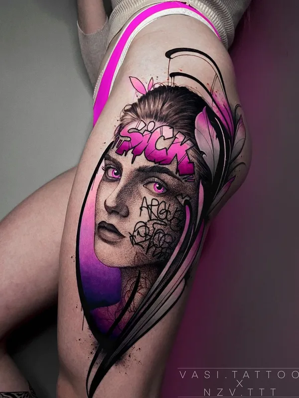 female color realism татуировка на thigh #41452 | Тату мастер Вадим Неизвестных