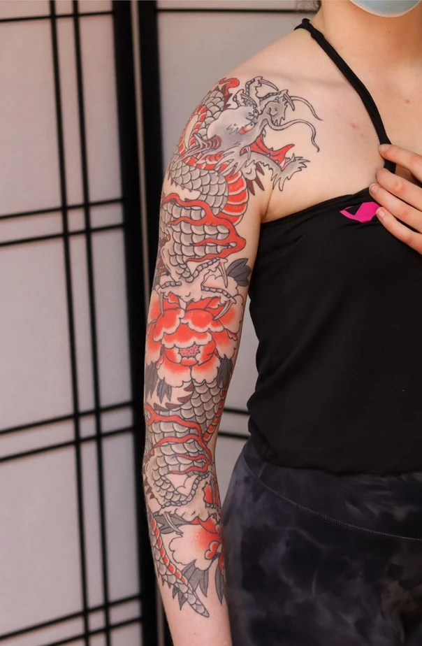 Japanese Dragon, Flower tattoo on Full Sleeve