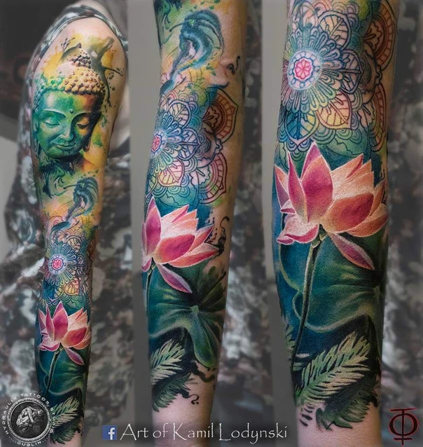 Watercolor Buddha, Lotus tattoo on Full Sleeve
