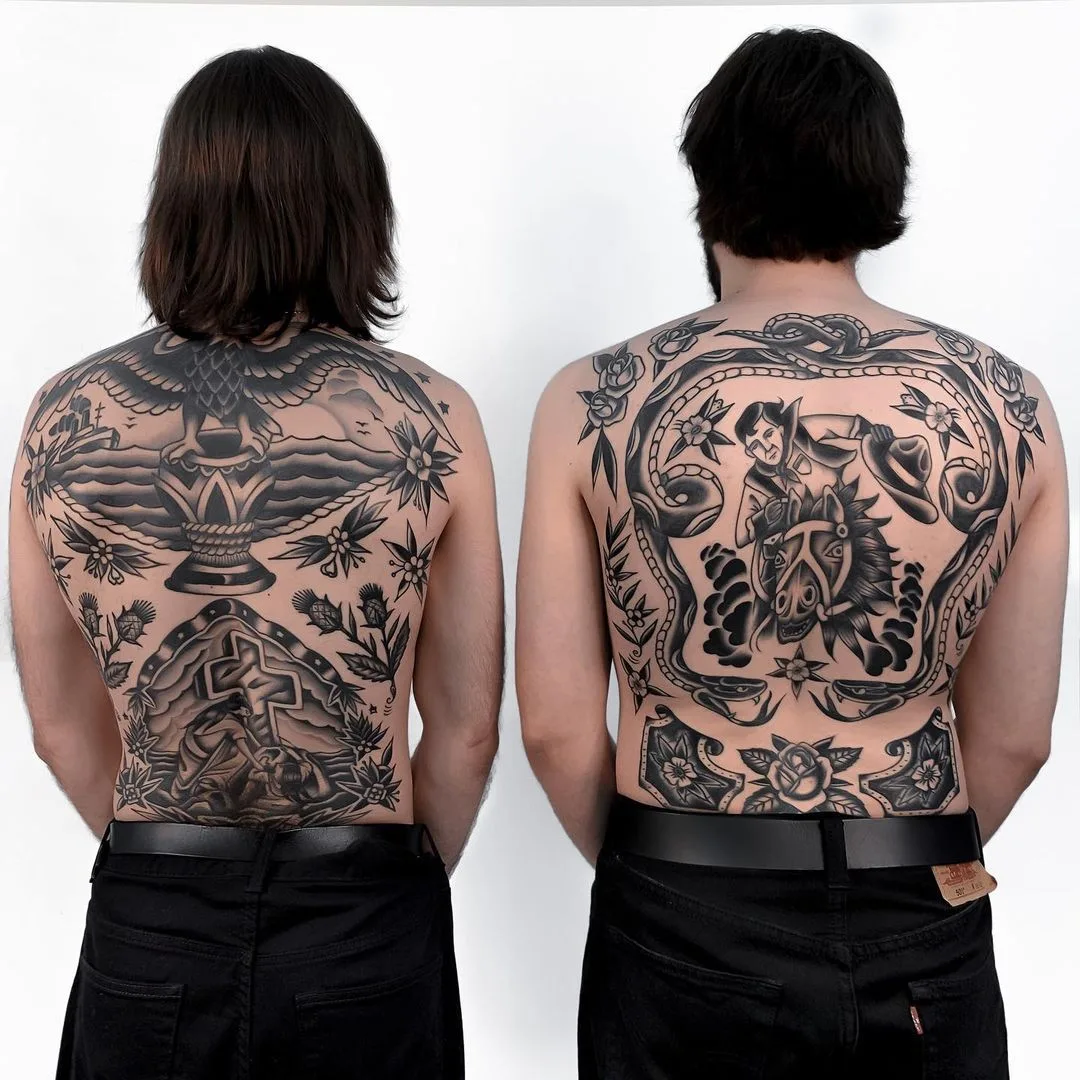 Two full back traditional style tattoos side by side, each featuring an eagle, a horse and rider, and floral and symbolic elements.