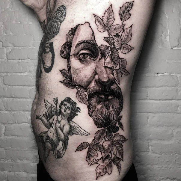 Black & Grey Portrait, Leaves tattoo on Side