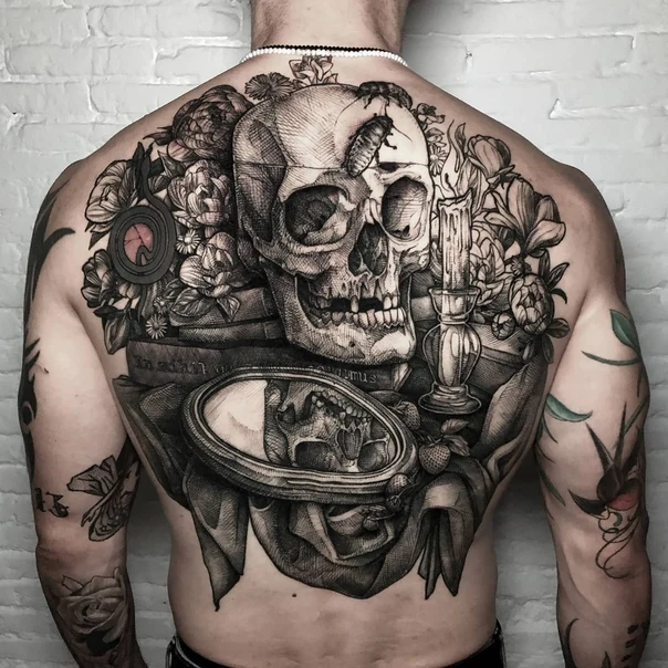 Blackwork Skull, Flowers tattoo on Full Back