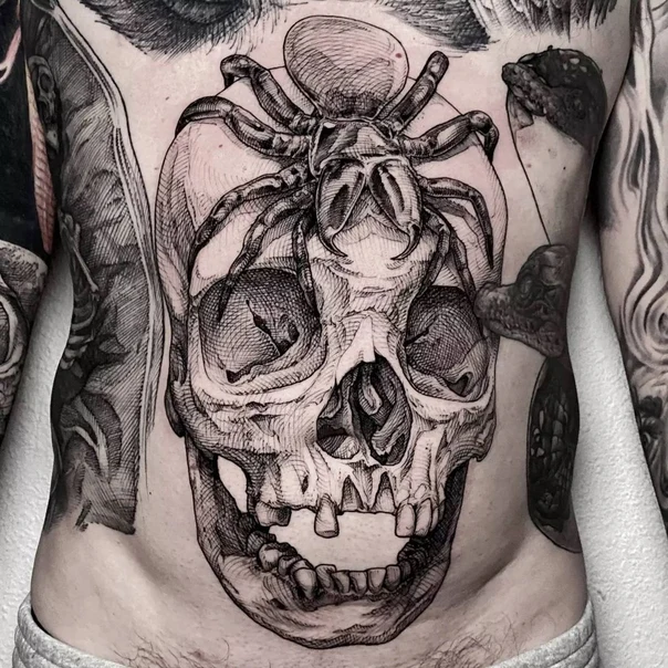 Blackwork Skull, Spider tattoo on Stomach