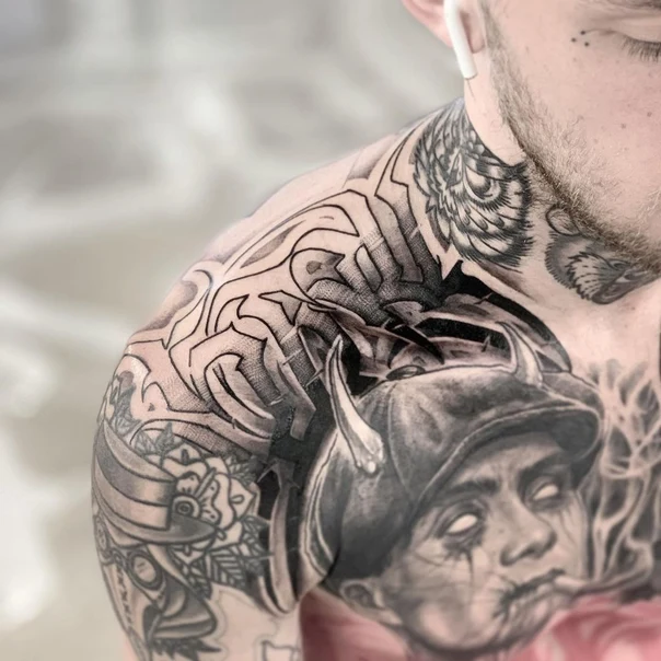 Black & Grey Portrait, Abstract tattoo on Shoulder