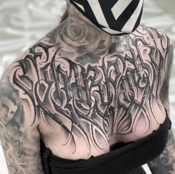 Blackwork Lettering, Rose tattoo on Chest