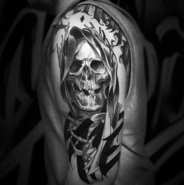 Realism Skull, Grim reaper tattoo on Shoulder