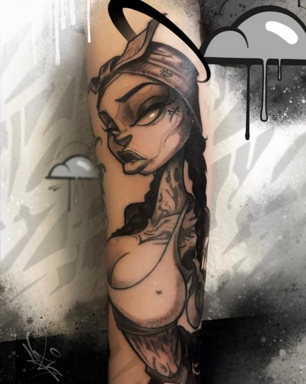 Black & Grey Woman, Halo tattoo on Forearm