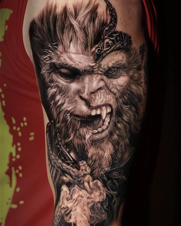 Realism Monkey, Portrait tattoo on Bicep