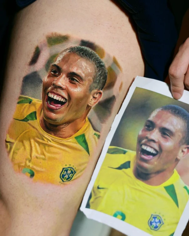 Realism Portrait, Soccer player tattoo on Thigh