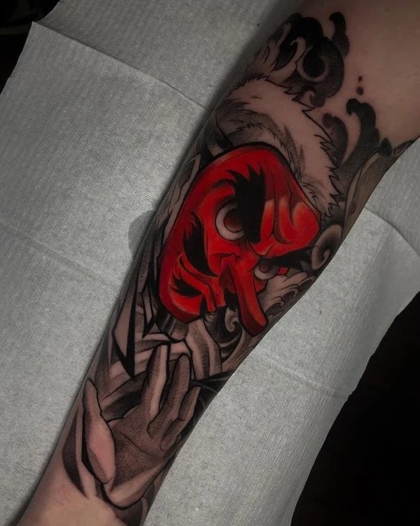 Japanese Mask, Waves tattoo on Forearm