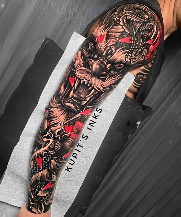 Japanese Dragon, Koi tattoo on Full Sleeve