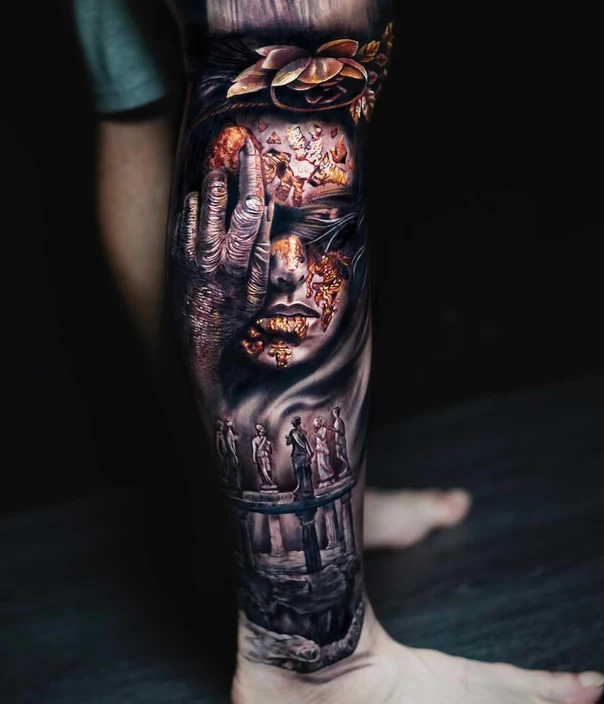 Realism Face, Statues tattoo on Calf