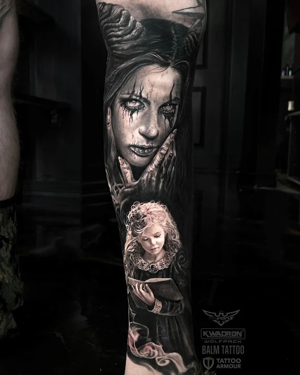 Realism Portrait, Demon tattoo on Full Sleeve