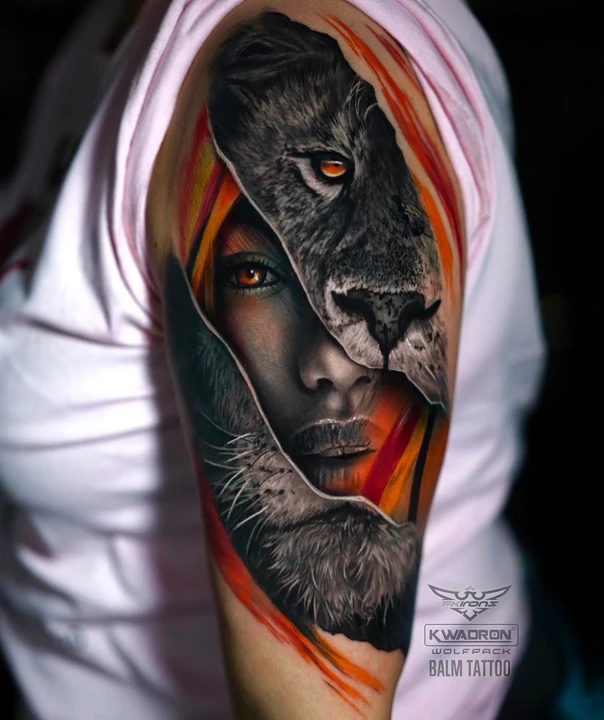 Realism Lion, Portrait tattoo on Upper Arm