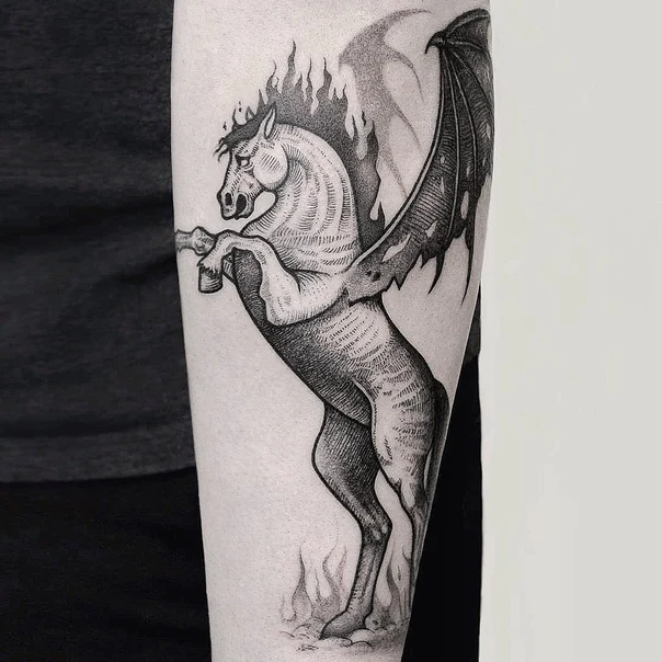 Blackwork Horse, Wings tattoo on Forearm