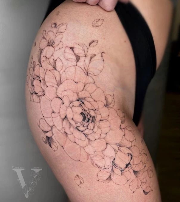 Fineline Flower, Leaves tattoo on Thigh