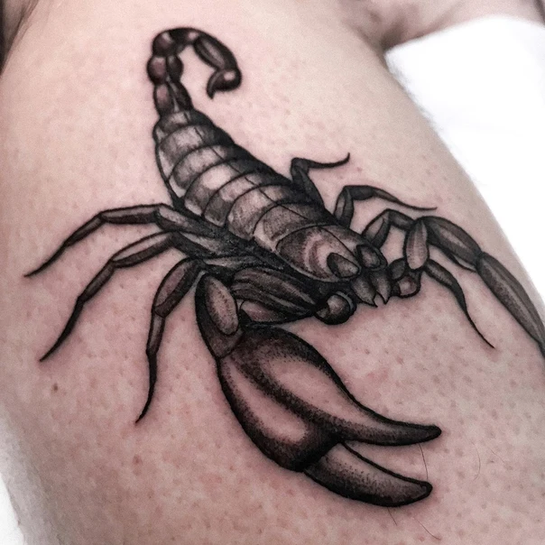 Black & Grey Scorpion tattoo on Thigh