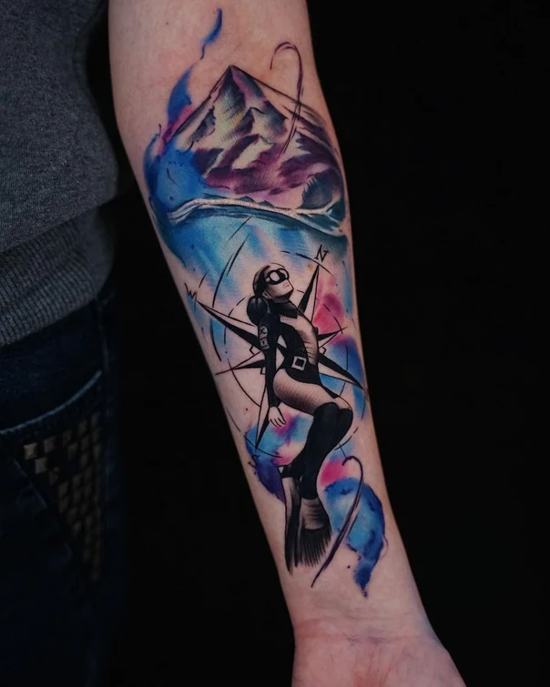 Watercolor Diver, Mountain tattoo on Forearm